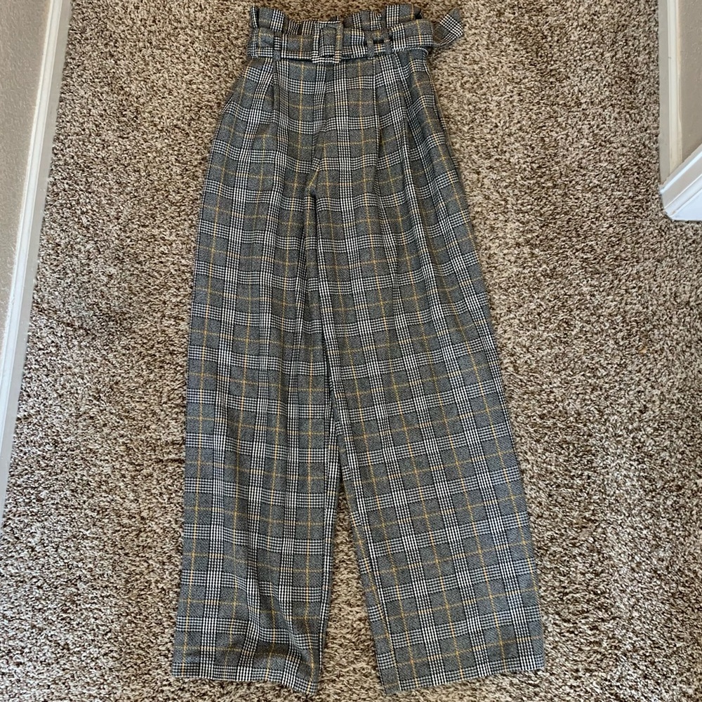 Topshop paper bag wide leg plaid trousers